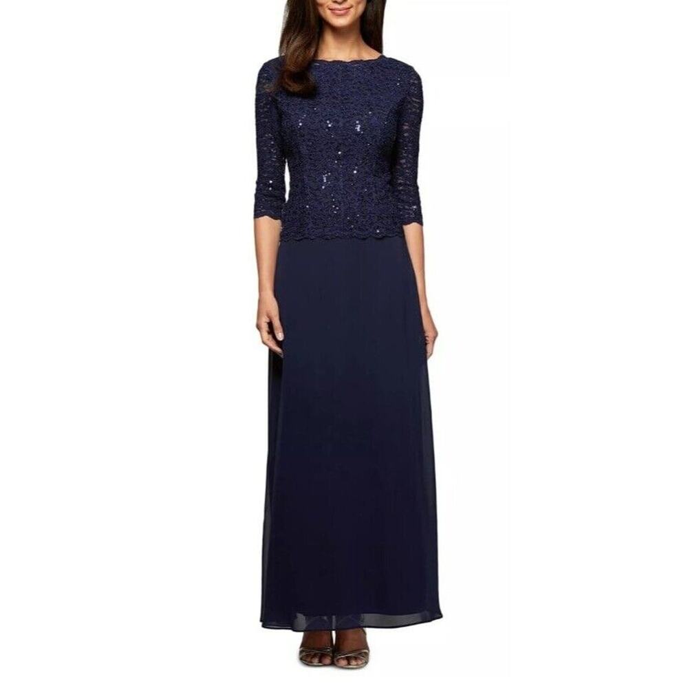 NEW womens sz 16 Alex Evenings navy sequin lace top scallop neck flowy gown